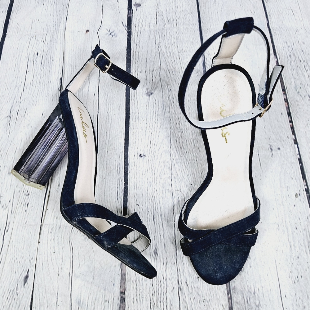 LULU'S | Ismay lucite heel blue suede heels